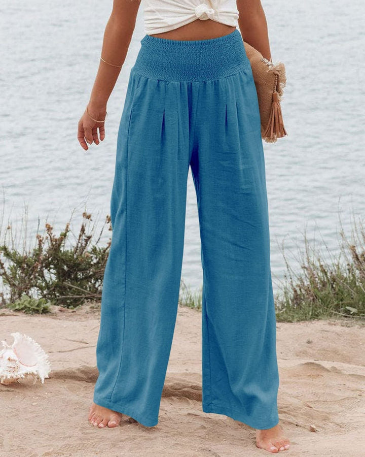 Women's Wide Linen Trousers with Elastic Waistband and Pleats Lune London