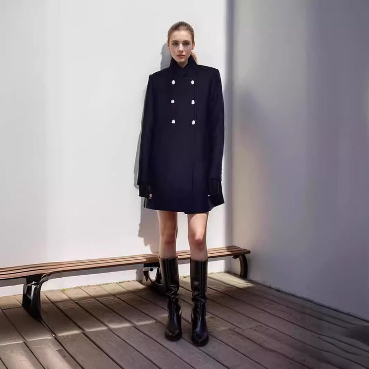 Ladies Elegant Short Double Breasted Coat with Chic Silk Details and Style