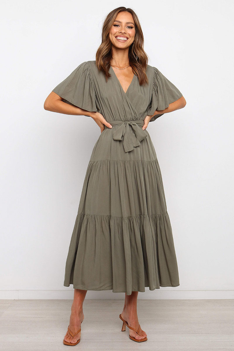 Lune London Fluid maxi dress for women with tie-up belt and butterfly sleeves