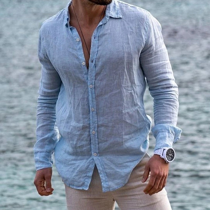 Linen shirt for men with modern stand-up collar and casual button placket Lune London