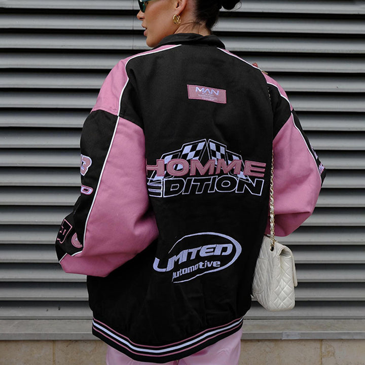 Oversized sporty college jacket for women with trendy appliqués Lune London