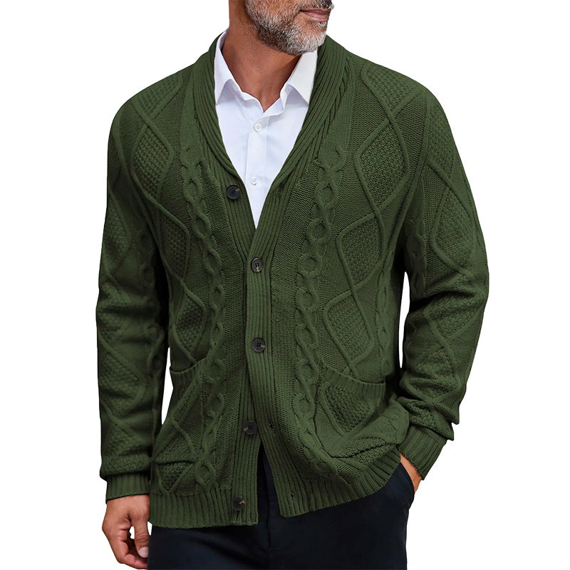 Men's chunky knit jacket with an elegant cable pattern and practical pockets Lune London