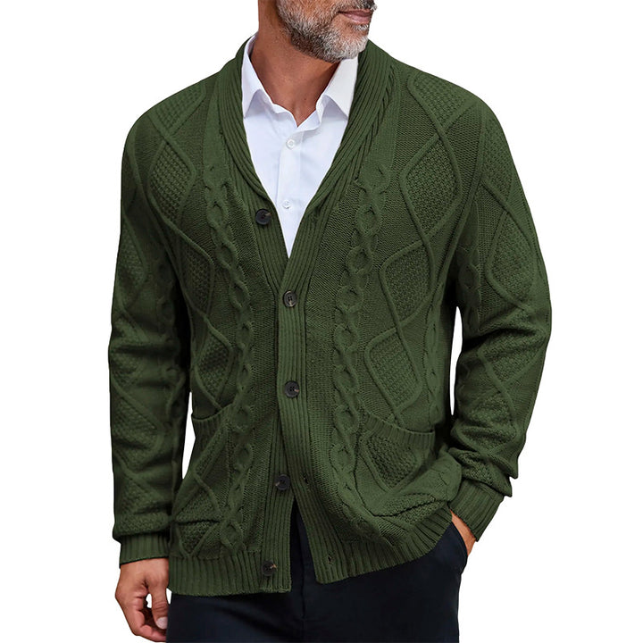 Men's chunky knit jacket with an elegant cable pattern and practical pockets Lune London