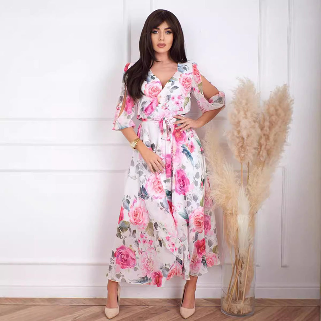 Ladies Maxi Long Dress with Floral Cut and Refined Sleeves Lune London