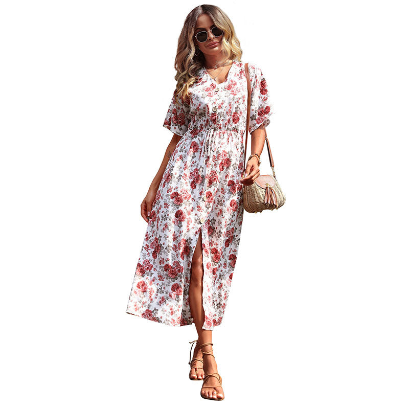 Maxi dress with floral print for women with side slit and tie belt Lune London