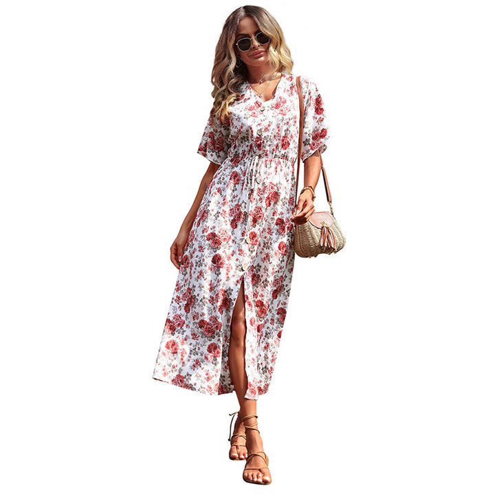 Maxi dress with floral print for women with side slit and tie belt Lune London