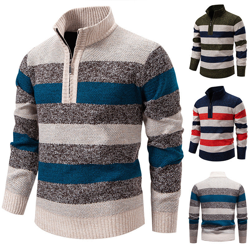 Fashionable knitted pullover for men with half-zip closure and striped pattern Lune London