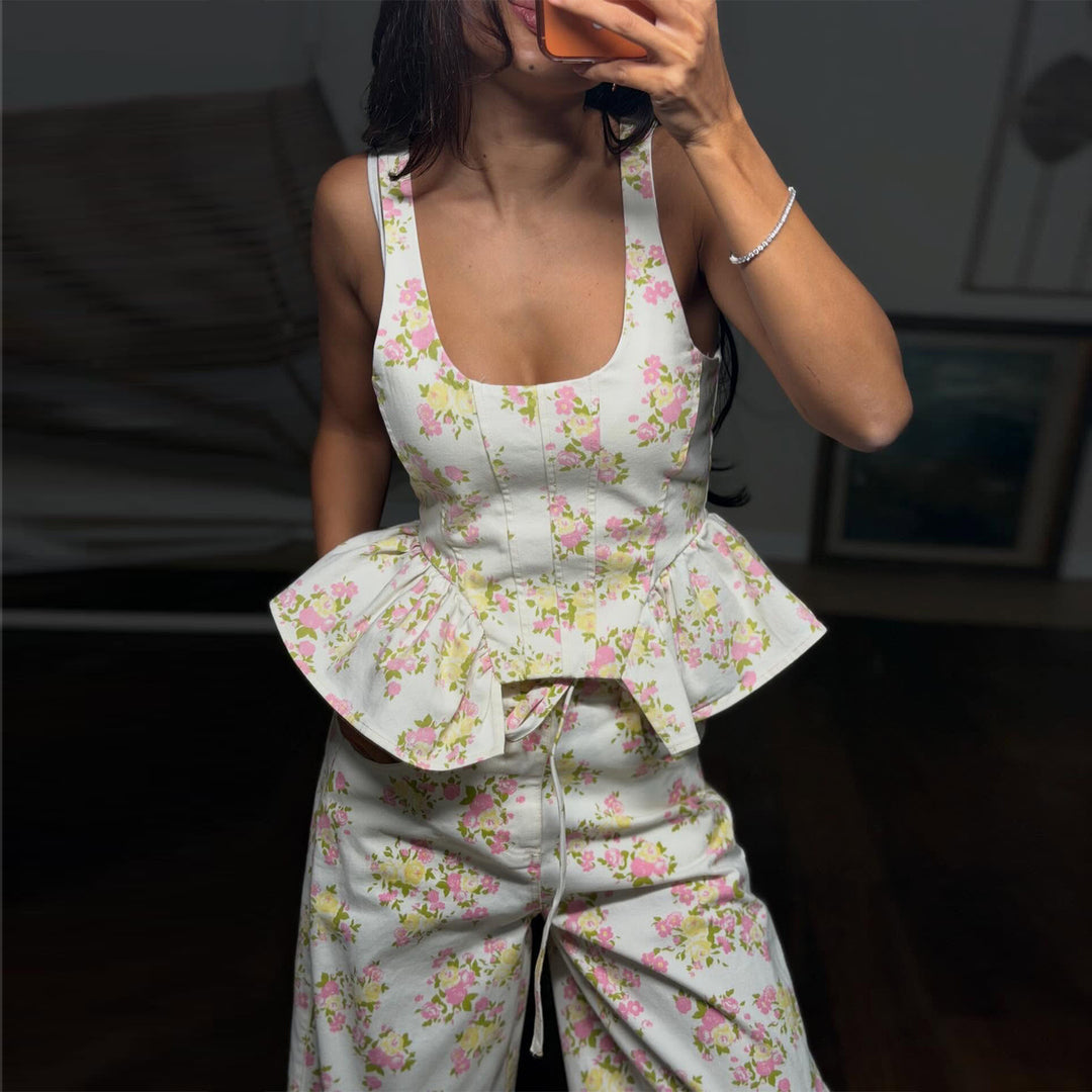 Women's Two-Piece Set with Floral Top and Wide-Leg Pants