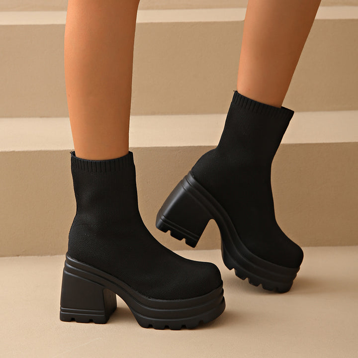 Chunky high heel boots for women with flexible knit design Lune London