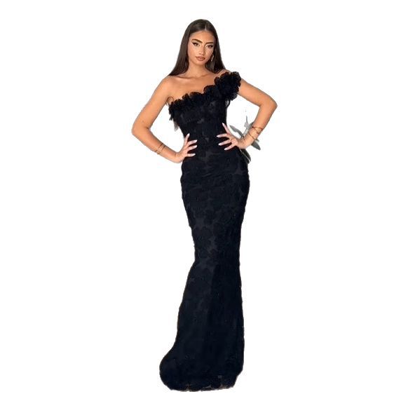 Women's Elegant Evening Dress with Floral Detail and Off-Shoulder Design