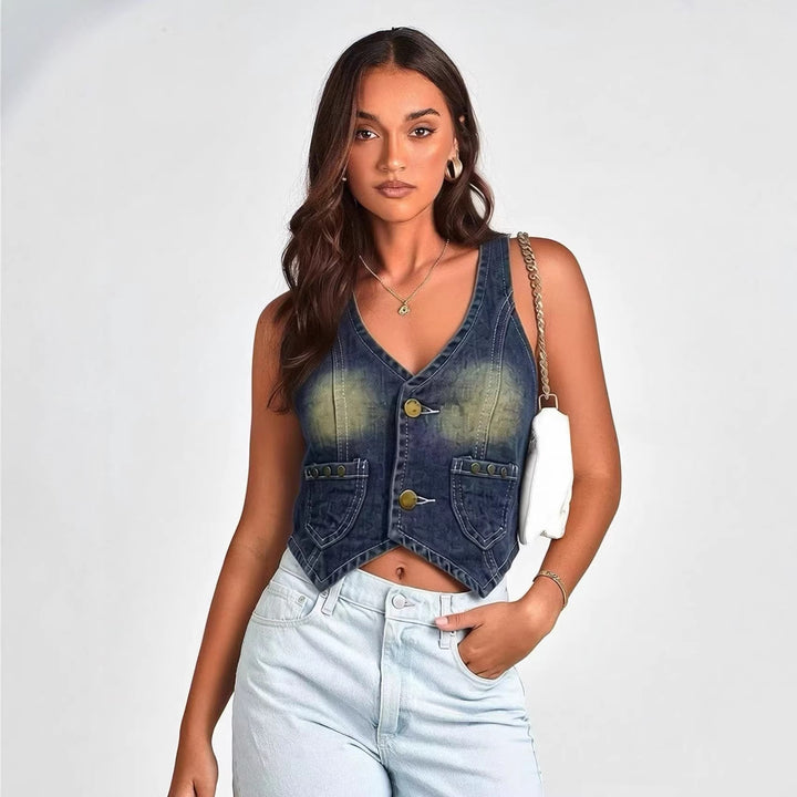 Women's Denim Bustier Jacket with Button Details and Patch Pockets Lune London