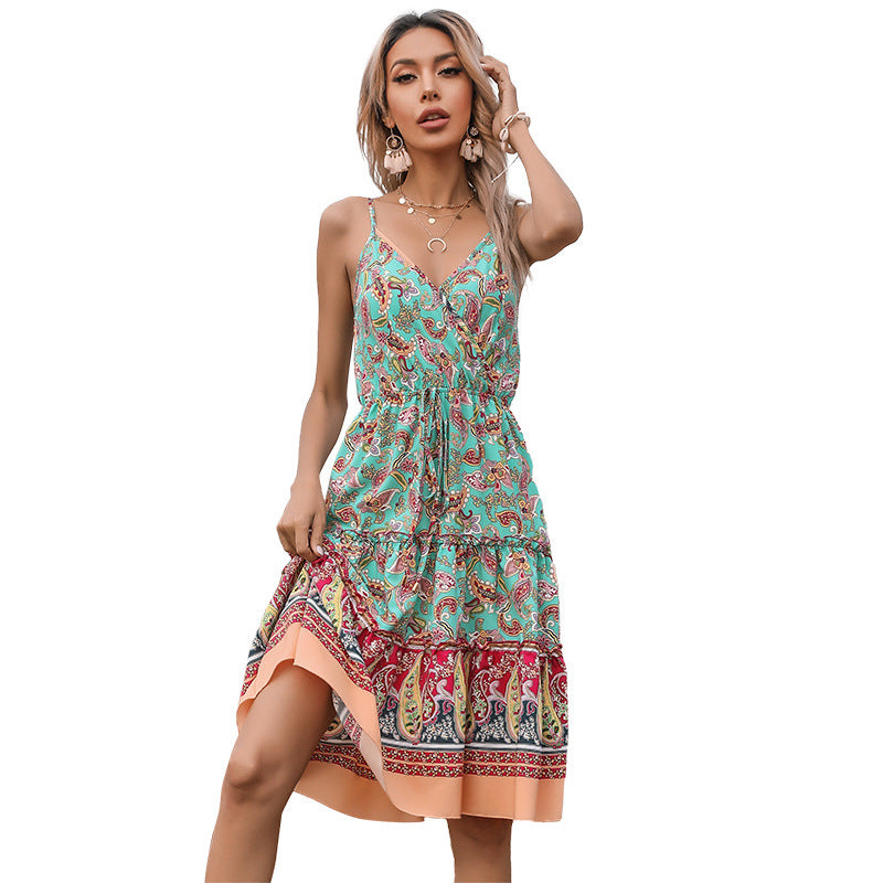 Bohemian holiday dress with paisley print for women with tie belt Lune London