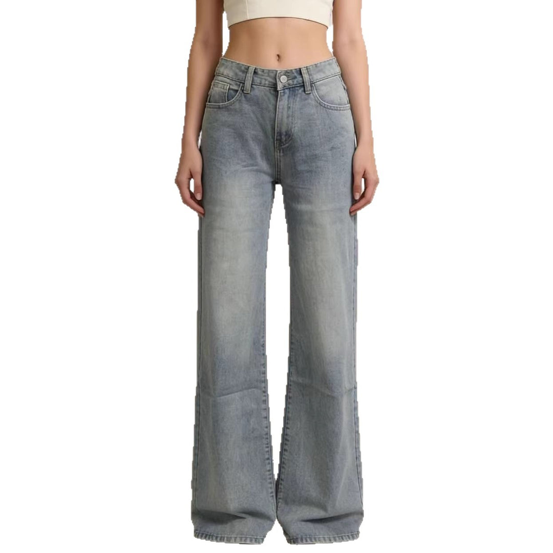 Women wide denim pants with vintage wash and high-waisted waistband Lune London