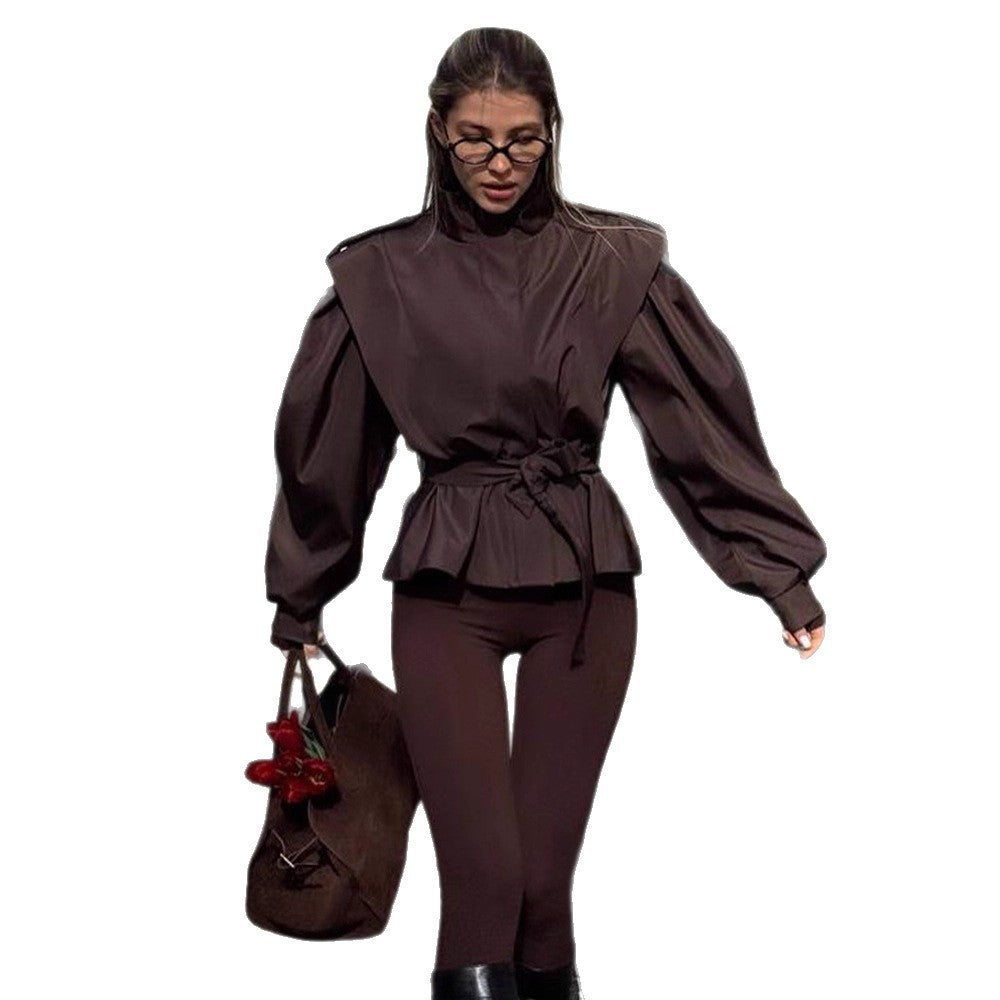 Blouse for women with high collar and elastic belt Lune London