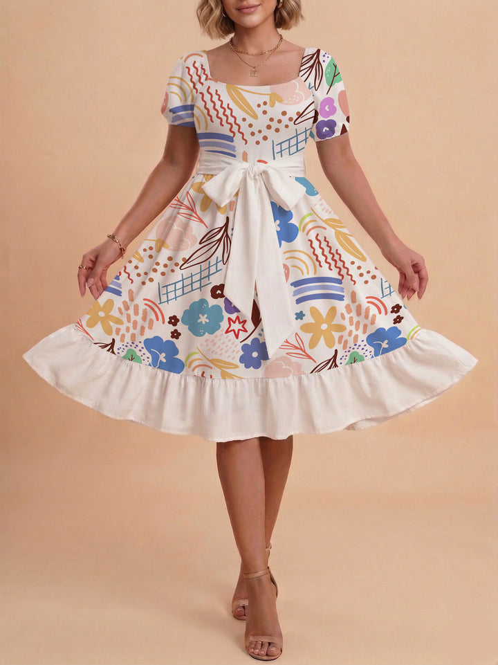 Women's Midi Dress with Elegant Floral Print and Fitted Belt Lune London