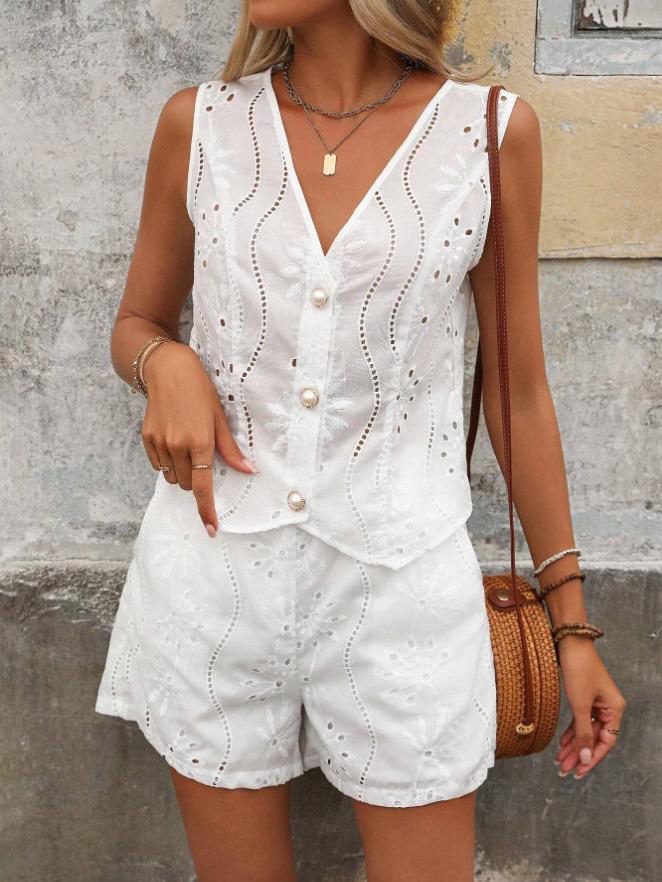 Lune London embroidered eyelet blouse and shorts set for women