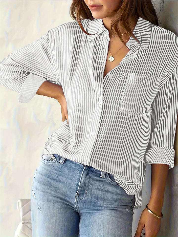 Striped blouse for ladies with a loose fit and practical chest pocket Lune London