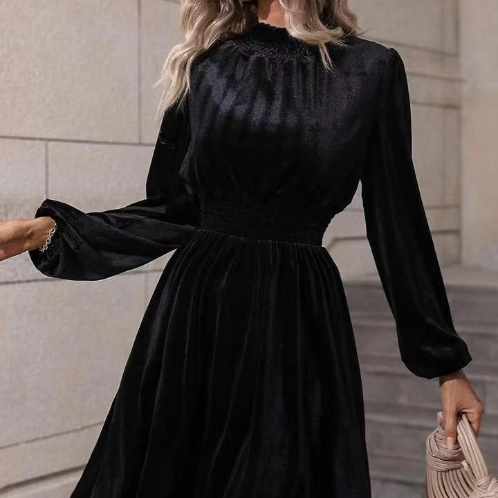Women Velvet Dress with High Neck Design and Elegant Long Sleeves Lune London