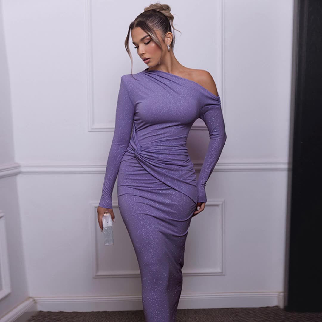 Elegant maxi dress for women with asymmetrical top and draping Lune London