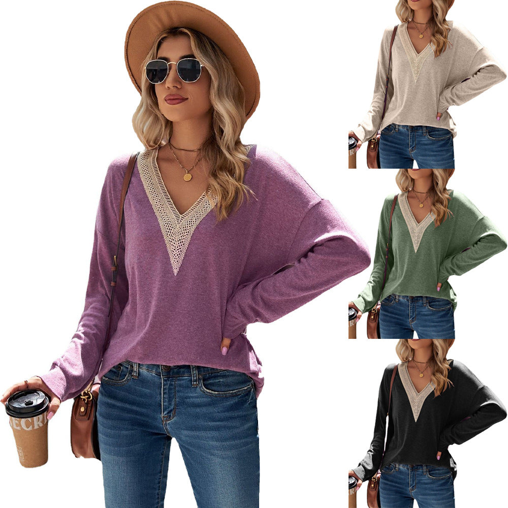 Ladies V-neck T-shirt with elegant crochet neckline Lune London