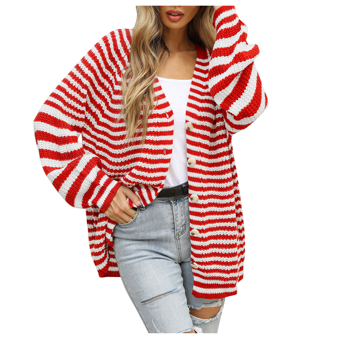 Ladies chunky knit cardigan with trendy striped pattern and wide sleeves Lune London