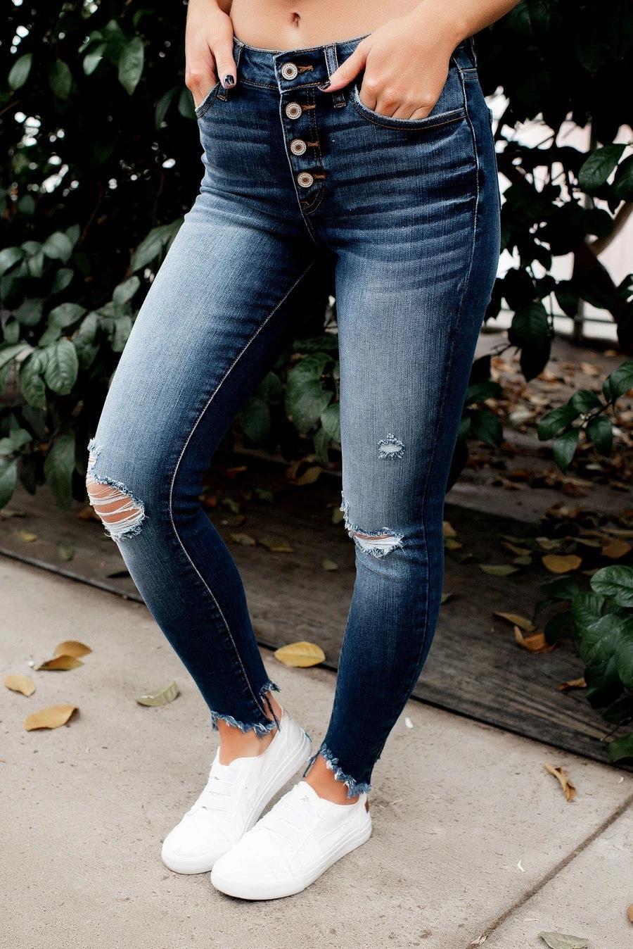 Jeans skinny taille haute pour femmes avec boutonnière et détails destroy Lune London