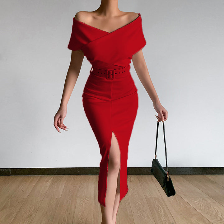 Evening dress for ladies with off-shoulder design and high slit Lune London