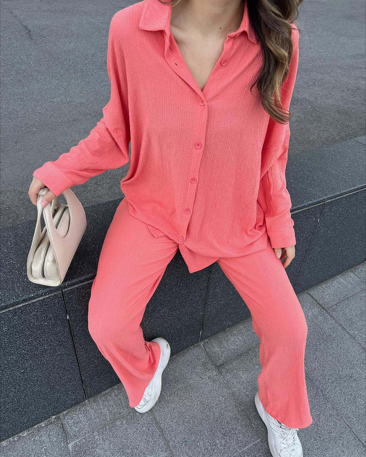Lune London two-piece casual outfit for women with continuous button placket and wide legs