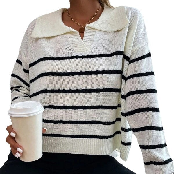 Casual knit sweater for women with collar and striped design Lune London
