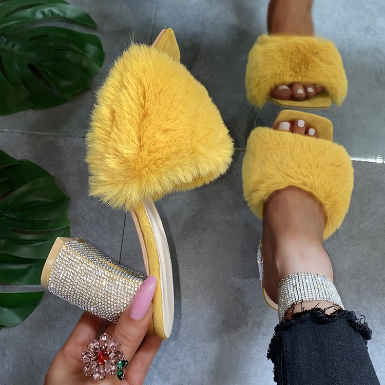Glamorous mules for ladies with soft faux fur and sparkling heel Lune London