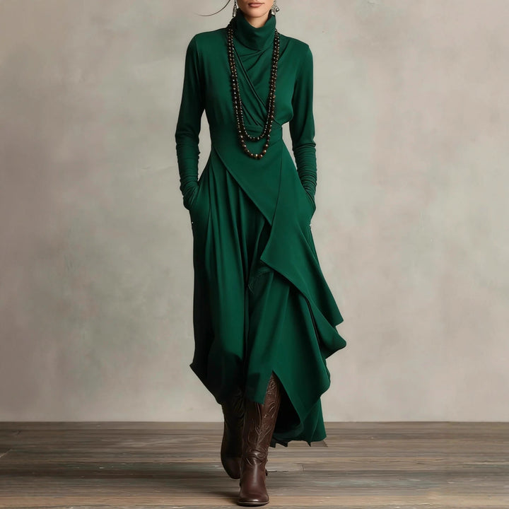 Women's Elegant Maxi Dress with Draped Top and Asymmetrical Cut Lune London