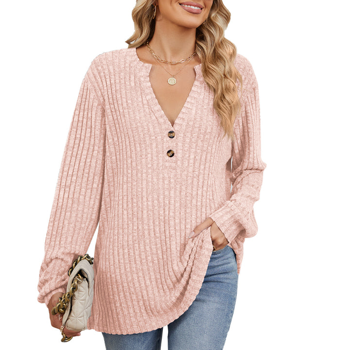 Long sleeve blouse for women with textured V-neck and button details Lune London