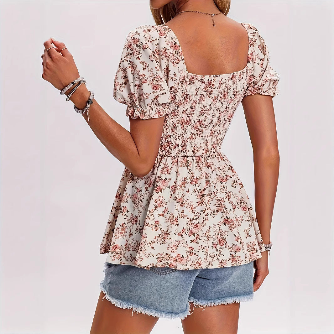 Women floral print blouse with puff sleeves and ruched top Lune London