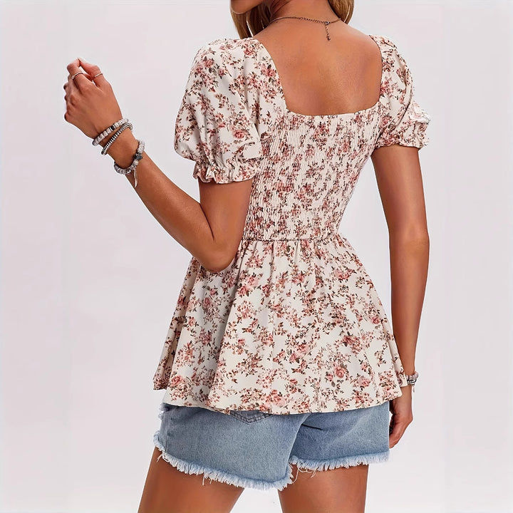 Women floral print blouse with puff sleeves and ruched top Lune London