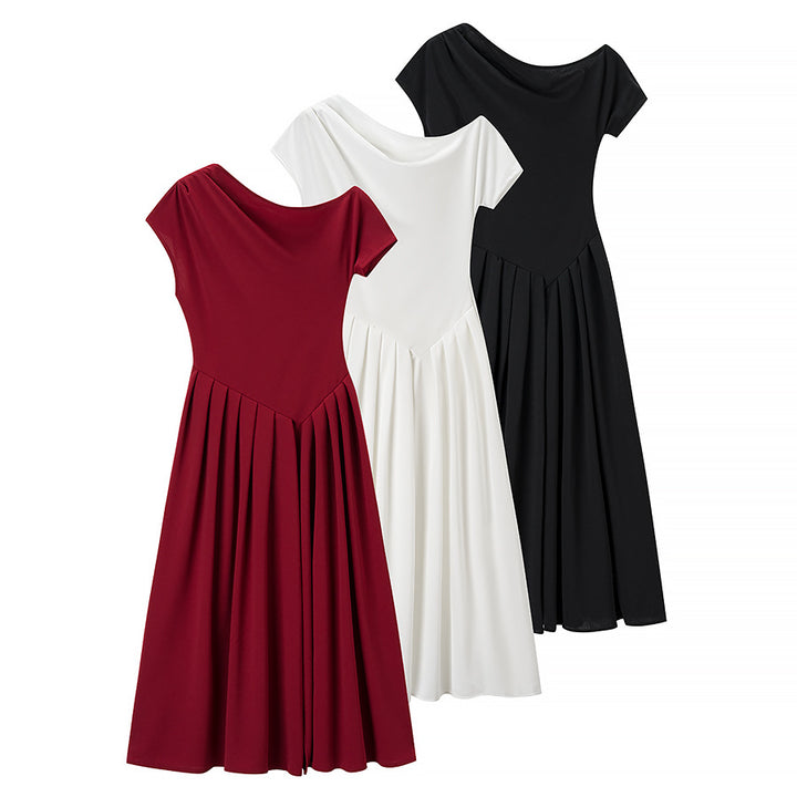 Midi dress for women with elegant pleated skirt and raw edge neckline Lune London