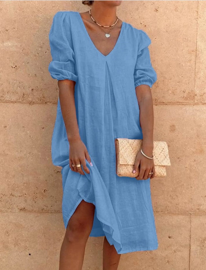 Casual linen dress for women with V-neck and puff sleeves Lune London