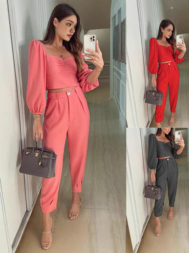 Women Elegant High-End with Balloon Sleeves and High-Waisted Pants Lune London