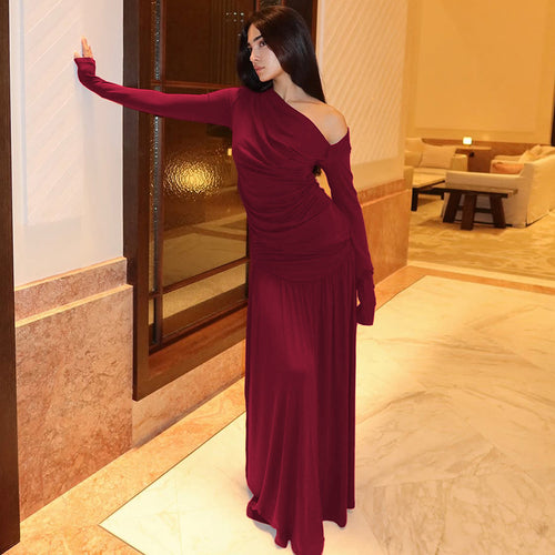 Elegant wrap maxi dress for women with asymmetrical shoulder insert Lune London