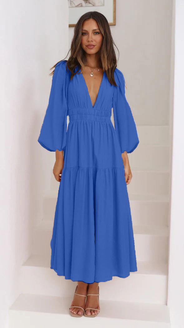 Women's Maxi Dress with Deep V-Neck and Wide Flared Sleeves Lune London