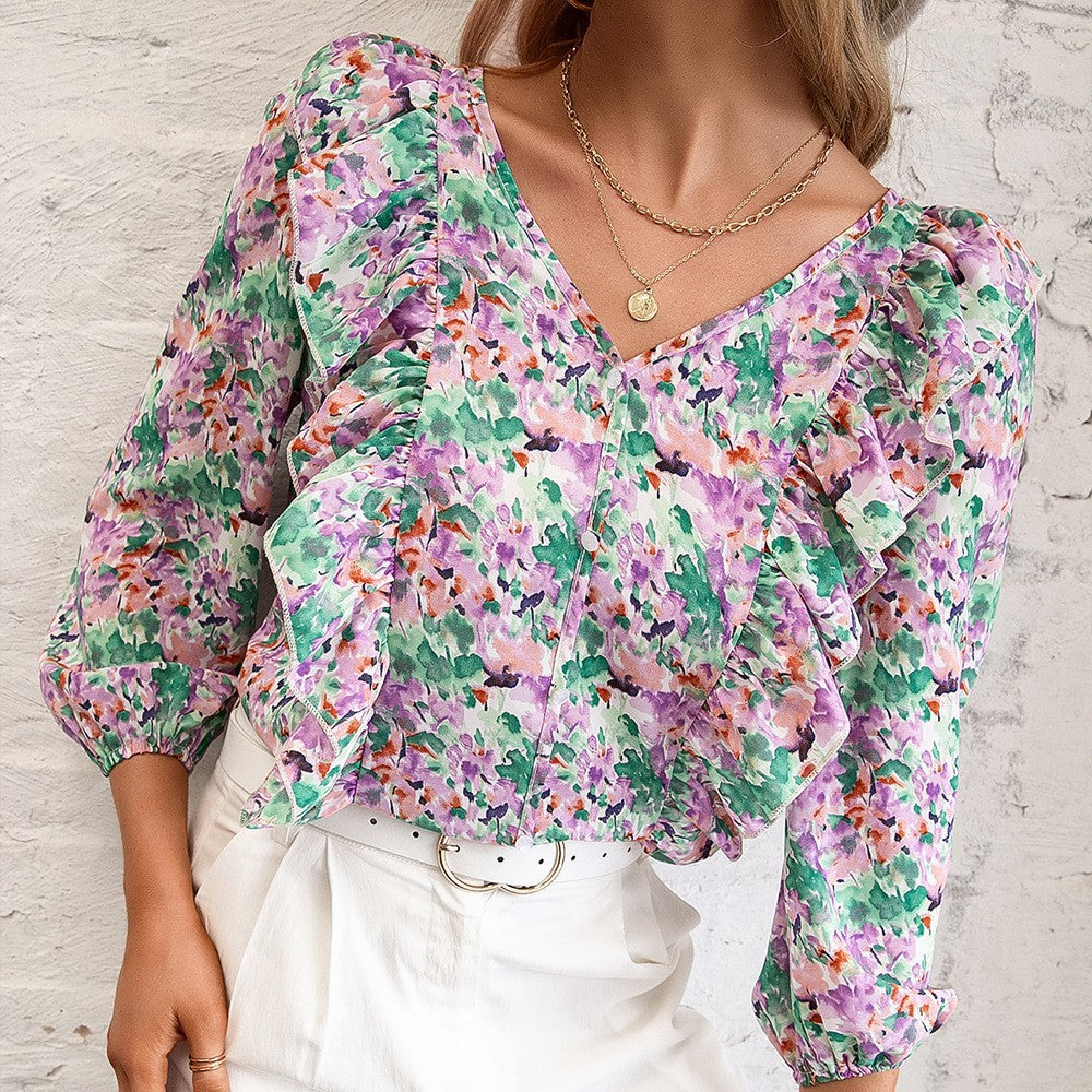 Women's blouse with ruffles and floral pattern Lune London