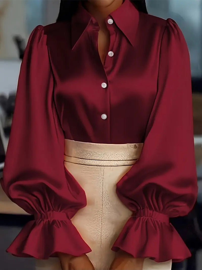 Ladies elegant silk blouse with puff sleeves and chic button placket Lune London