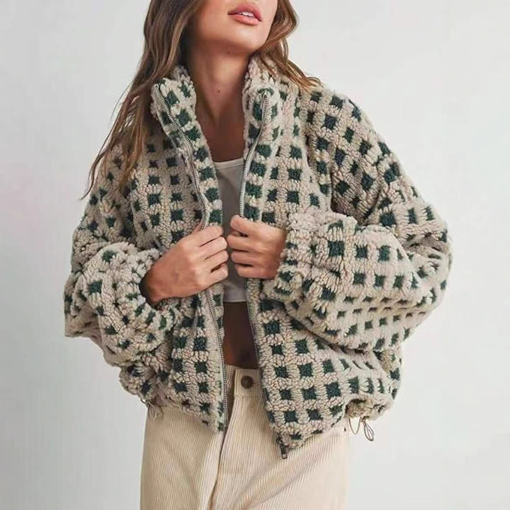 Ladies Plush Patterned Coat with High Collar and Soft Lining Lune London