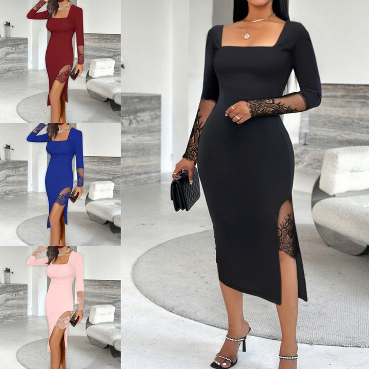 Ladies Elegant Dress with Lace Sleeves and Side Slit Chic and Style