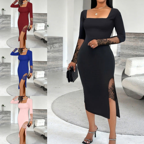 Women Elegant Dress with Lace Sleeves and High Slit Lune London