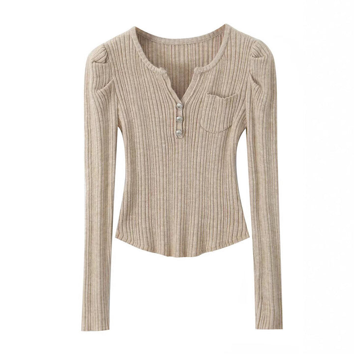 Women Long Sleeve T-shirt with Structured Round Rib Design and Elegant Button Details Lune London