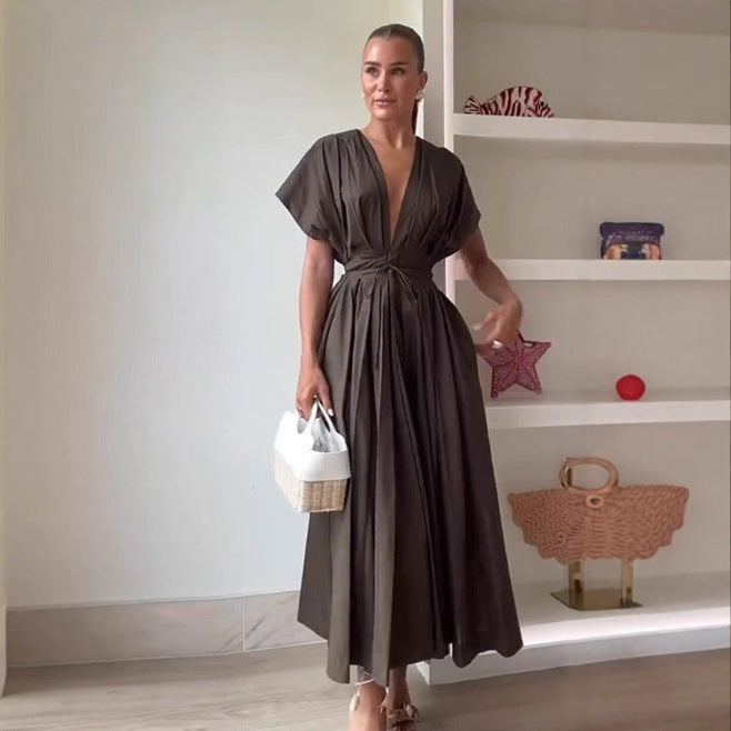 Midi dress for women with adjustable tie belt and stylish V-neck Lune London
