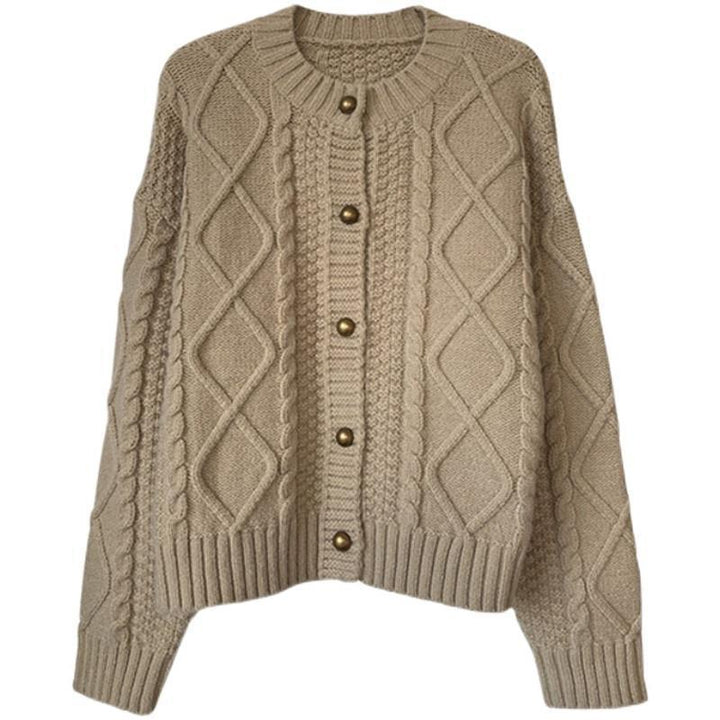 Thick knitted cardigan for women with button details and cable knit pattern Lune London