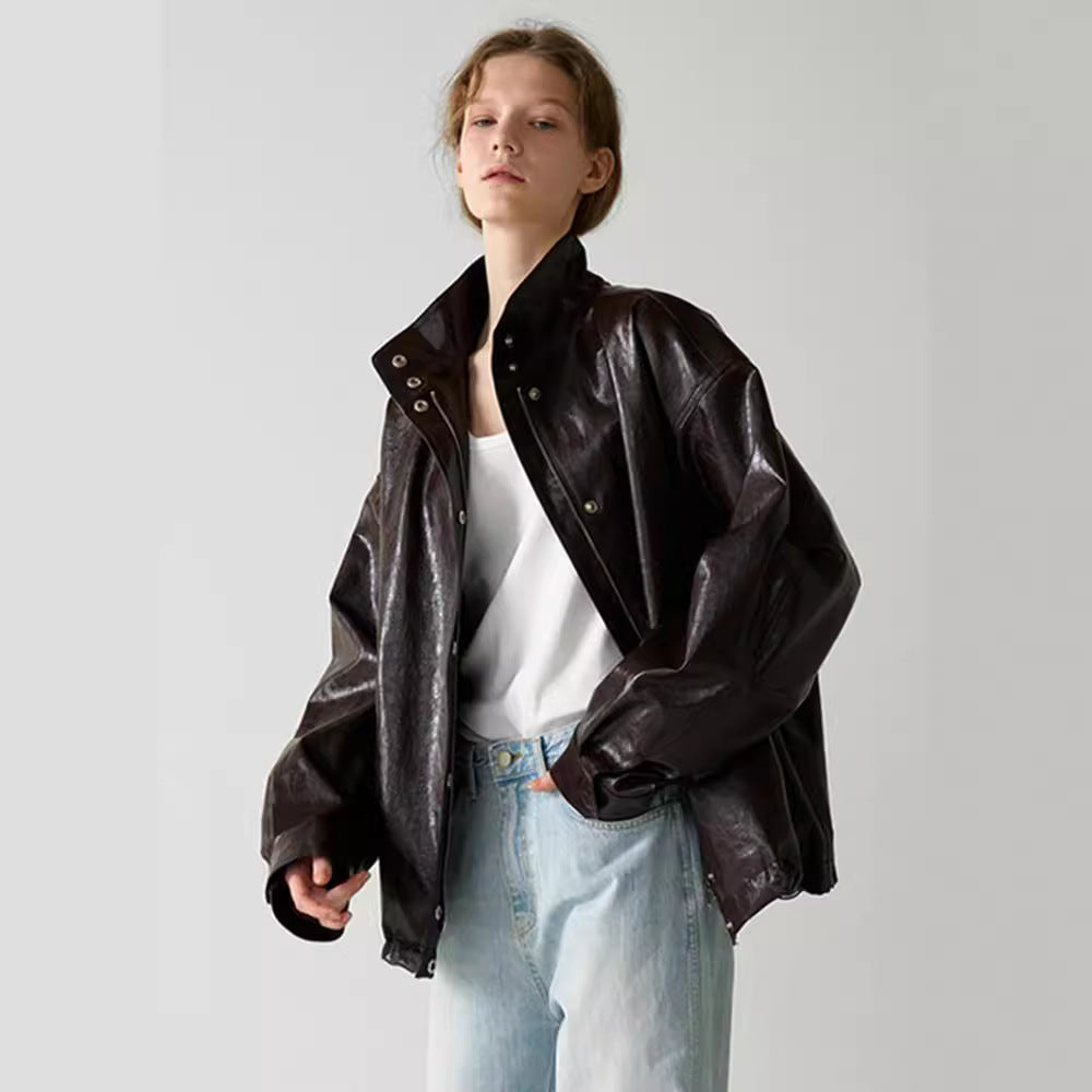 Veste en cuir surdimensionnée tendance pour femme avec col montant et fermeture par bouton-pression Chic & Stil