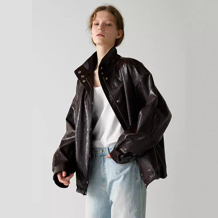 Veste en cuir surdimensionnée tendance pour femme avec col montant et fermeture par bouton-pression Chic & Stil