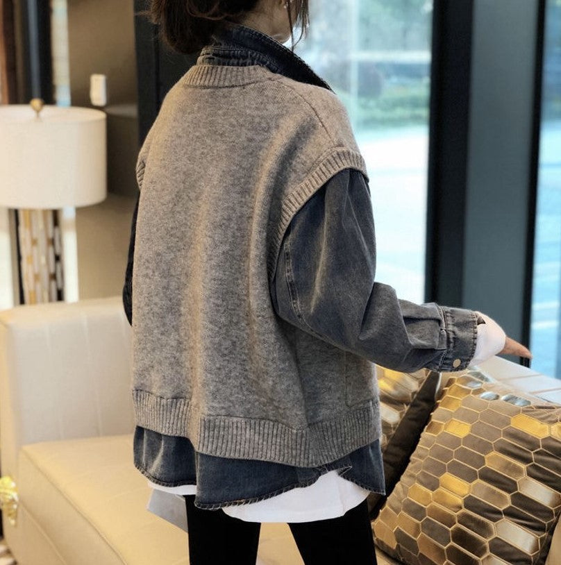 Women casual denim jacket with textured knit design Lune London